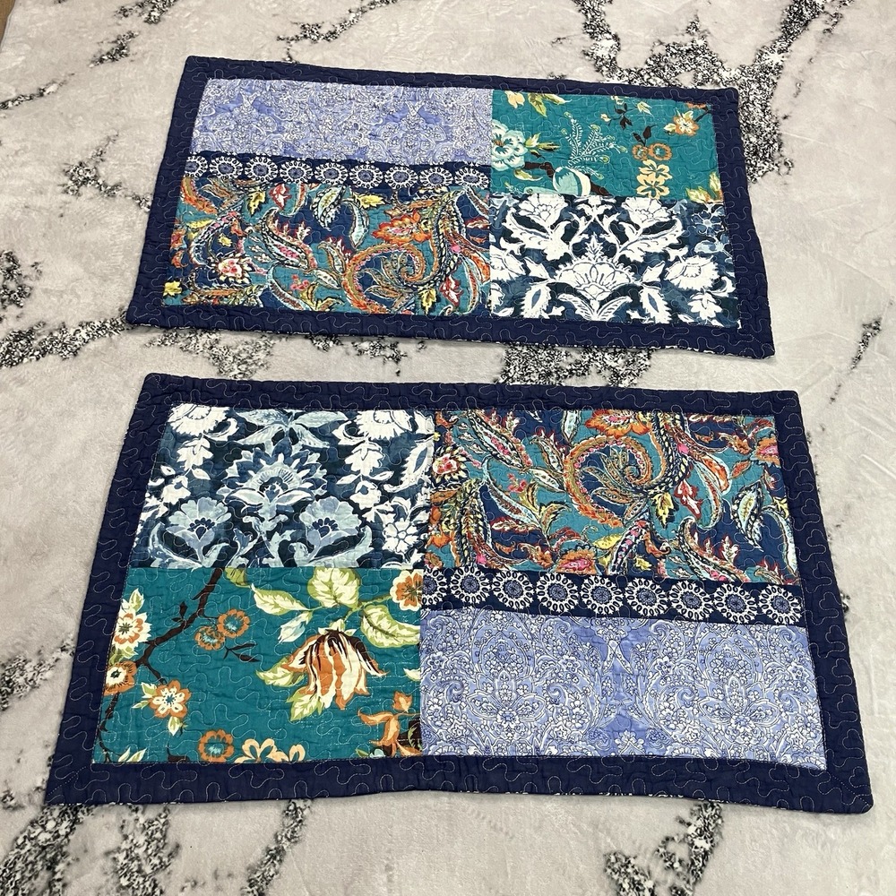 Boho Patchwork Quilted Pillow Shams Set of 2 Blue Floral Cottagecore